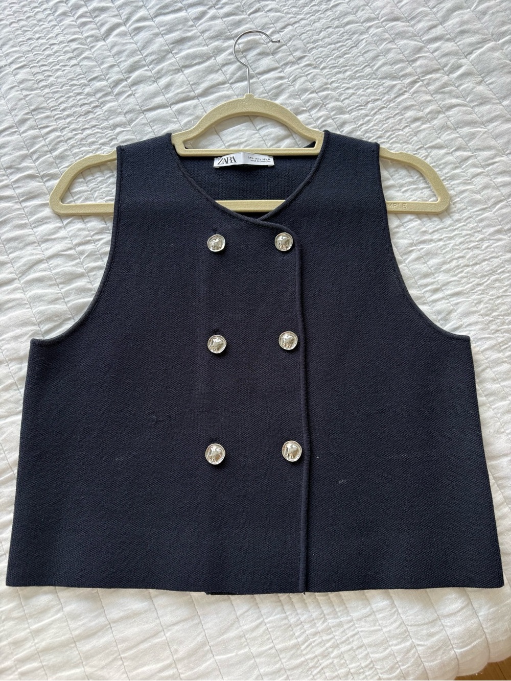 Zara Navy Double-Breasted Knit Top with Silver Buttons